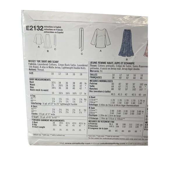 Simplicity Sewing Pattern 2132 Skirt Top Belt Sash Misses Size 10-18 - Picture 2 of 3